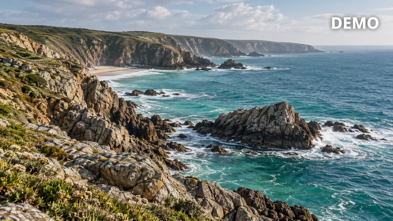 Coastal landscape with a DEMO watermark in the upper-right corner