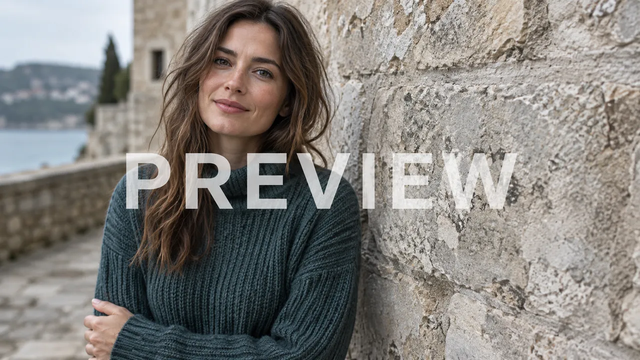 PREVIEW text crossing a knitted sweater and textured stone wall