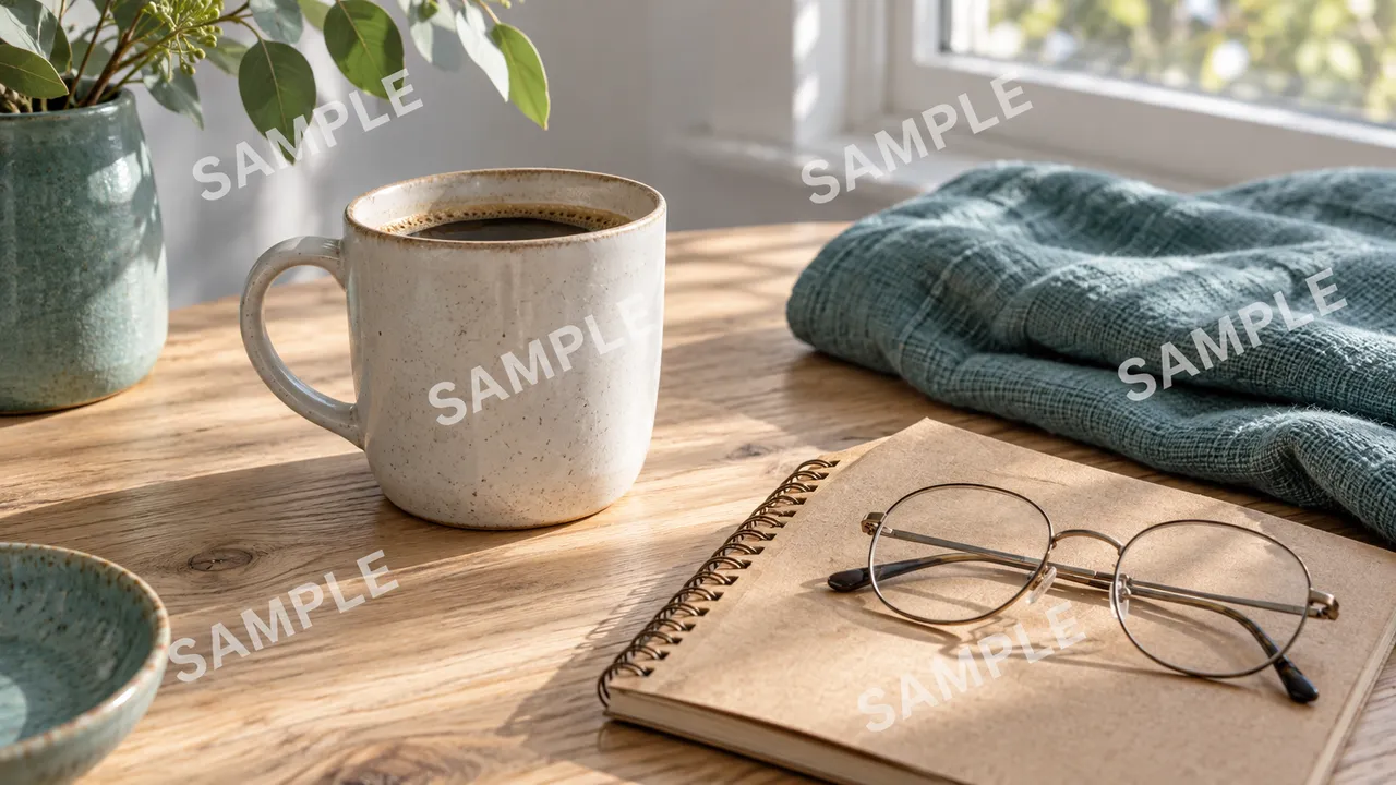 Mug, notebook, and fabric covered by repeated semi-transparent SAMPLE text